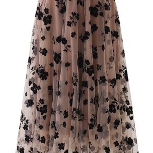 CHICKWISH 3D POSY DOUBLE-LAYERED MESH MIDI SKIRT IN CARAMEL